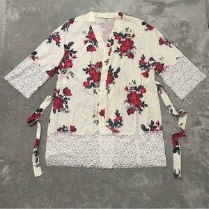 Chic Floral White Red 3/4 Sleeve Tie Robe Lace Trim 4XL Plus Size Loungewear